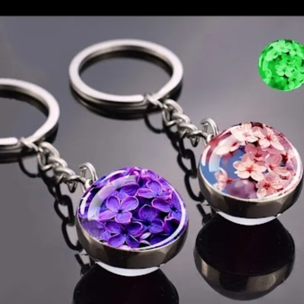 Set of 2 Luminous Flower Keychains "Lotus Cherry Blossoms" 1 Pink, 1 Purple